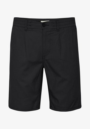 Pantalones cortos negros de tejido ligero, con cierre de botón, cinturilla elástica y bolsillos frontales planos. Diseño simple, sin estampados.