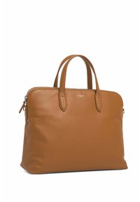 Braune Ledertasche mit zwei Griffen, Reißverschluss, glatter Textur und minimalistischem Design. Mit dezentem Logo auf der Vorderseite.