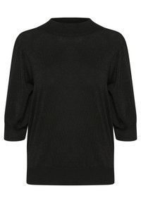 Pull noir en tricot avec un col montant et des manches bouffantes trois-quarts. Présente une texture scintillante subtile sur l'ensemble.