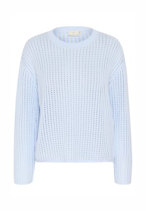 Pull en tricot bleu clair à coupe ample, avec une texture côtelée et un motif ajouré. Encolure ronde et manches longues.