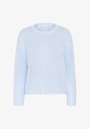 Pull en tricot bleu clair à coupe ample, avec une texture côtelée et un motif ajouré. Encolure ronde et manches longues.