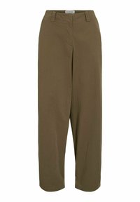 Olijfgroene wijde broek gemaakt van lichtgewicht stof, met een klassieke tailleband, twee voorkanten zakken en een strakke, op maat gemaakte silhouet.