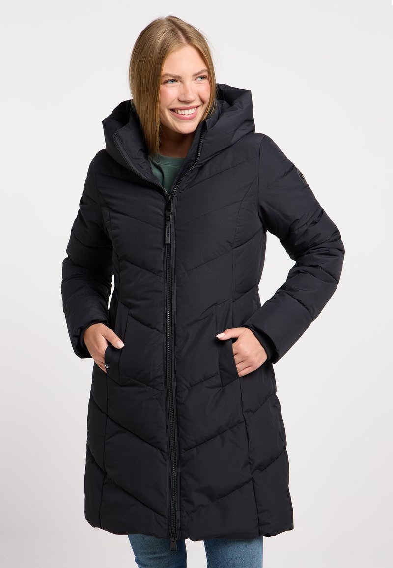 Black puffer coat with a hood, featuring a zip front, chevron stitching, and side pockets. Warm and insulated for cold weather.