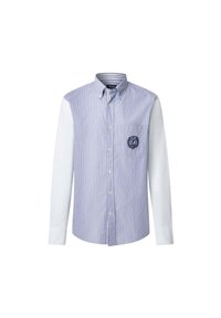Gestreifte Button-Up-Hemd mit einem blau-weißen Muster, weißen Ärmeln und einer Brusttasche mit gesticktem Logo-Detail.