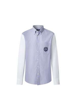 Striped button-up shirt with a blue and white pattern, white sleeves, and a chest pocket featuring an embroidered logo detail.