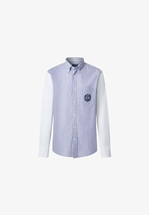 Camicia a righe con un motivo blu e bianco, maniche bianche e una tasca sul petto con dettaglio del logo ricamato.