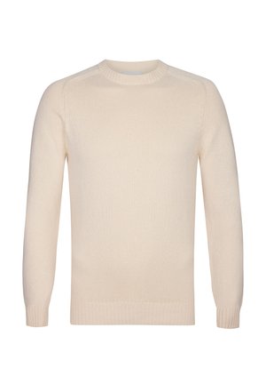 Light beige knitted sweater with a round neckline, long sleeves, and ribbed cuffs and hem, featuring a smooth texture and simple design.