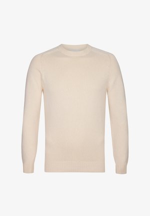 Lichtbeige gebreide trui met een ronde hals, lange mouwen en geribde boorden en zoom, met een gladde textuur en een eenvoudig ontwerp.