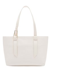 Sac fourre-tout en cuir blanc avec deux poignées supérieures, texture lisse, forme rectangulaire et design minimaliste. Présente des coutures discrètes et des accessoires en or.