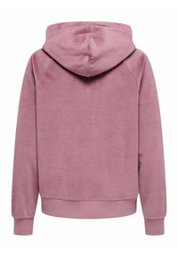 Sweat à capuche zippé en molleton de couleur rose pâle, doté d'une capuche, de manches longues avec poignets côtelés et d'une coupe décontractée. Aucun logo ou motif visible.