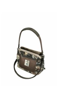 Bruine en met patroon versierde handtas met een gestructureerde vorm, voorzien van een leren voorzak, afneembare schouderriem en dubbele bovenhandvatten.