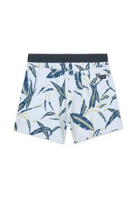 Hellblaue Badeshorts mit dunkelblauem und gelbem Blattmuster, elastischem Bund und Gesäßtasche mit Klettverschlussklappe und Markenlabel.