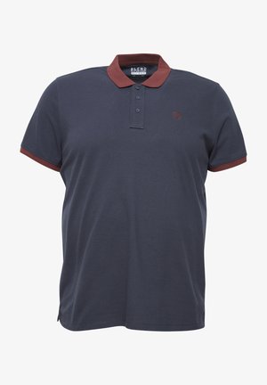 Navy blue polo shirt with a contrasting burgundy collar and trim, three-button placket, textured fabric, and embroidered logo on chest.