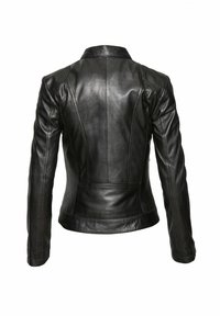 Black leather jacket featuring a fitted design, notched collar, and seam detailing. Smooth texture with a contemporary cut.