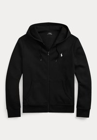 Czarna bluza z kapturem na zamek błyskawiczny, przednimi kieszeniami, kapturem ze sznurkiem i małym białym logo Polo Ralph Lauren na lewej piersi.