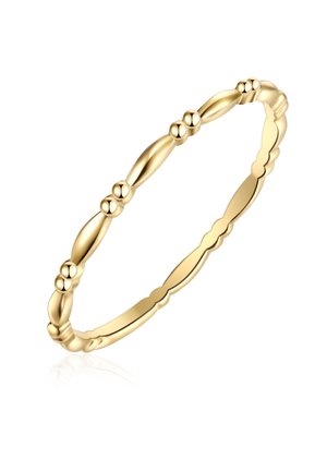 Zlatý prsteň s prekrúteným dizajnom, hladkými oválnymi tvarmi a okrúhlymi akcentmi, vytvárajúci textúrovaný povrch. Jednoduchý a elegantný.