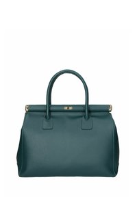 Bolso de piel en color verde azulado con dos asas redondeadas, herrajes dorados y una forma estructurada. Superficie texturizada y cierre con solapa que incluye detalles del logo.