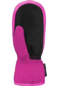 Rosa Fäustlinge aus wasserabweisendem Material mit einer schwarzen Lederhandfläche, elastischem Bündchen für eine gute Passform und kontrastierenden Nähten entlang der Kanten.