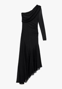 En-ærme sort kjole med draperet stof, tekstureret langærmet og asymmetrisk kant med et voluminøst, lagdelt design.