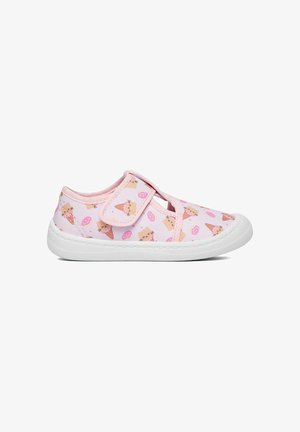 Zapatilla infantil rosa con tira de velcro, estampado de caras de gato y donuts sobre tela, suela de goma blanca.