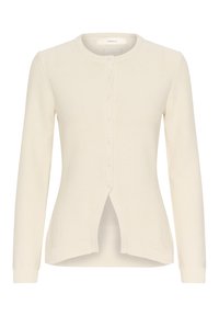 Cardigan color crema con scollatura rotonda, chiusura a bottoni frontale, maniche lunghe e fondo spaccato. Realizzato in tessuto lavorato a maglia.