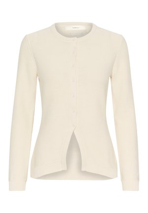 Cardigan crem cu un gât rotund, cu închidere cu butoni în față, mâneci lungi și tiv despărțit. Fabricat dintr-un material tricotat texturat.