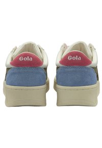 Gola lenkkarit sekoitettu materiaalisuunnittelu valkoisena, pinkkinä ja sinisenä. Varustettu teksturoidulla kantapäällä ja logolla takana, beige kumipohja.