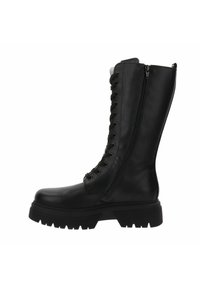 Zwarte leren laarzen tot de knie met vetersluiting aan de voorkant en een rits aan de zijkant. Dikke, gestructureerde zool met diepe profiel voor verbeterde grip. Gladde afwerking.