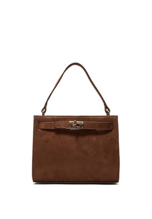 Brązowa, prostokątna torebka z zamszu z pojedynczym uchwytem i przednim paskiem z małą metalową klamrą.