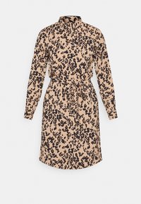 Abito camicia con stampa leopardata in beige e nero, dotato di colletto, maniche lunghe, chiusura a bottoni e vita legata per un look aderente.