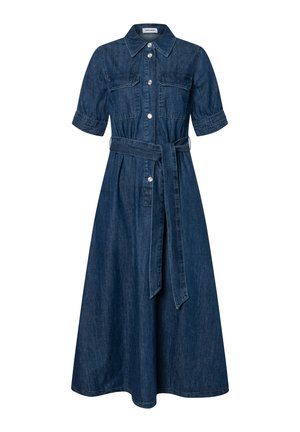 Denim midi dress with short sleeves, button-front, chest pockets, shirt collar, and matching fabric belt tied at the waist.