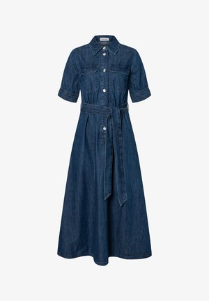 Jeans-Midikleid mit kurzen Ärmeln, durchgehender Knopfleiste, Brusttaschen, Hemdkragen und passendem Stoffgürtel, der in der Taille gebunden ist.