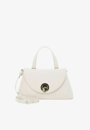 White leather handbag with top handle and detachable shoulder strap, featuring a rounded flap and gold circular clasp.