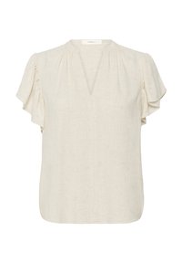 Blusa in lino beige chiaro con scollatura a V, maniche corte a volant e un fit rilassato. Tessuto testurizzato con leggere variazioni.