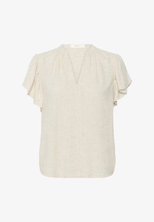 Vaaleanbeige pellavapaita, jossa on V-pääntie, lyhyet röyhelösateet ja rento malli. Kudottu kangas, jossa on hienovaraisia vaihteluita.