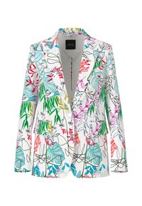 Blazer mit Blumenmuster auf weißem Hintergrund. Bietet farbenfrohe, botanische Muster in Pink, Grün und Blau; Ein-Knopf-Verschluss und Revers.