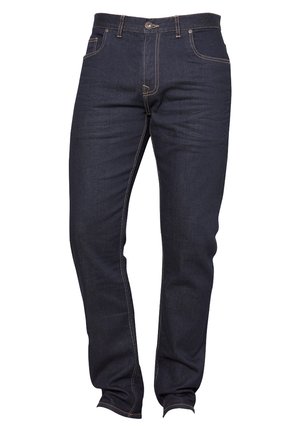 Donkerblauwe denim jeans met een rechte snit, voorzien van koperen stiksels, voorzakken en een enkele knoopsluiting bij de taille.