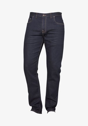 Tumši zili džinsi ar taisnu griezumu, ar vara krāsas diegu šuvēm, priekšējo kabatu un vienu pogu aizdari jostasvietā.