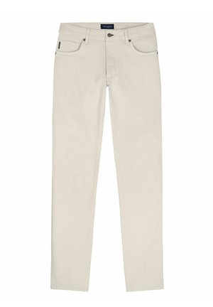 Pantalon en coton beige avec une coupe droite, design à cinq poches, bouton supérieur et fermeture éclair. Texture lisse avec des détails de couture subtils.