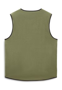 Gilet in pile verde oliva con scollatura tonda, design senza maniche e rifinitura nera lungo i bordi. Texture morbida; nessun motivo visibile.