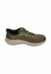 Lightweight athletic shoe featuring a breathable olive green upper with a textured pattern, flat laces, and a cushioned white sole.