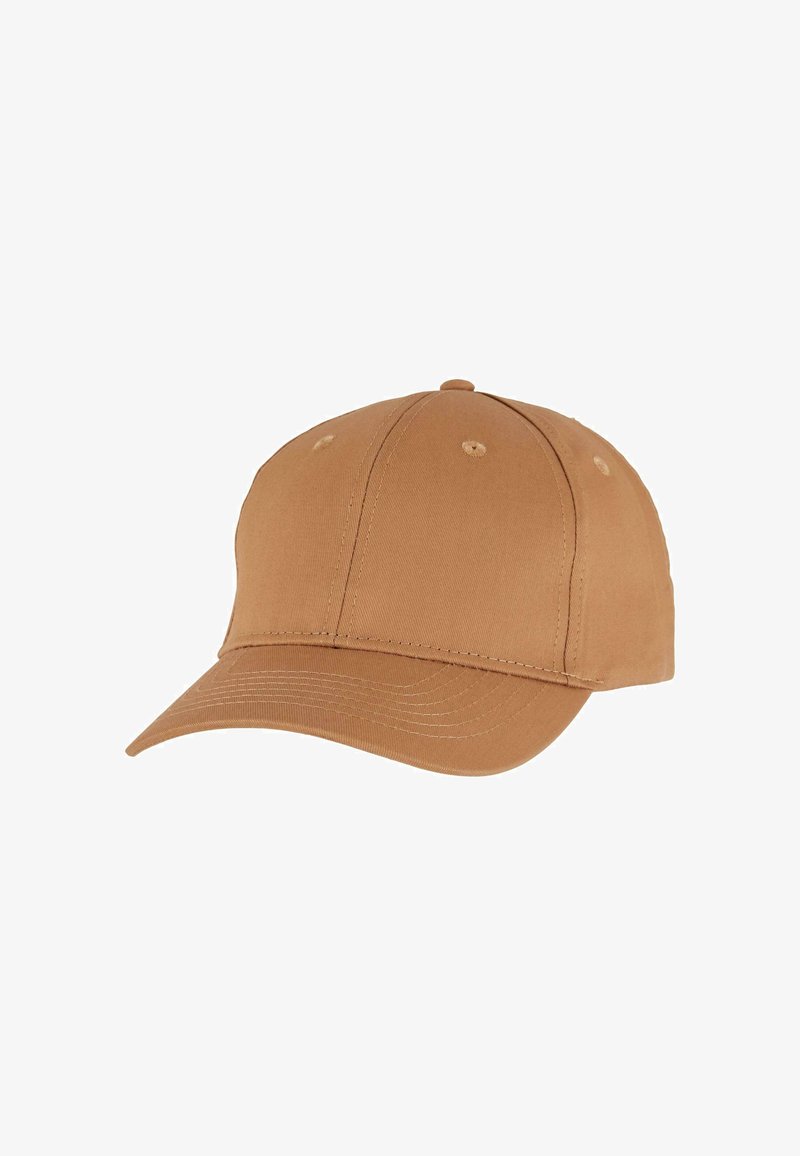 Khaki beisboliki, mis on valmistatud puuvillast, struktuurse krooniga, kõverate äärtega, kuue ventilatsiooniavaga ja toon-toonis tikandiga.