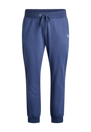 Marineblå joggers lavet af blødt stof, med elastisk taljebånd med snøre, manchetter ved anklerne og en diskret logodetalje.
