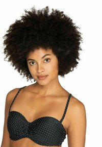 Zwarte beha met een patroon, met beugel, verstelbare dunne bandjes en een gladde textuur. Beschikt over een geplooid design in het midden.