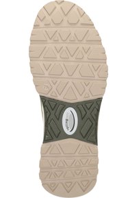 Gummisohle in hellbrauner Farbe, mit strukturierten geometrischen Mustern, einem zentralen olivgrünen Bereich und einem Logo-Akzent.
