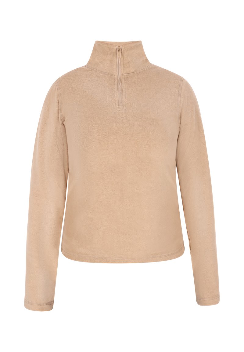 Pullover in pile beige con colletto alto, zip a contrasto, maniche lunghe e una texture morbida. Semplice, senza fantasia o decorazioni.