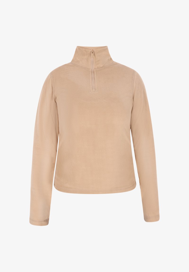 Beige gyapjú pulóver magas gallérral, kontrasztos cipzárral, hosszú ujjakkal és puha textúrával. Egyszerű, minta és díszítés nélkül.