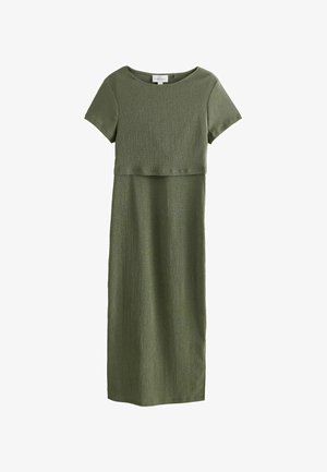 Olivegrünes Midikleid aus strukturiertem Stoff, mit kurzen Ärmeln und einem lockeren Schnitt im oberen Bereich.