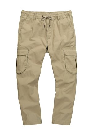 Pantaloni cargo beige con cintura elastica e cordino. Presentano più tasche laterali e un tessuto liscio e leggero.