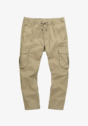 Beige cargo-housut, joissa on joustava vyötärö ja kiristysnauha. Sisältää useita sivutaskuja ja sileää, kevyttä kangasta.